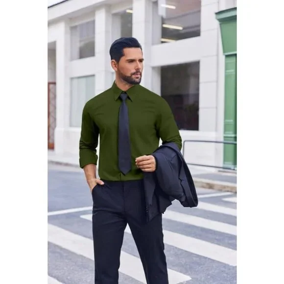 Coofandy Men Army GreenLong Sleeve Formal Fit Business Button Down Shirts